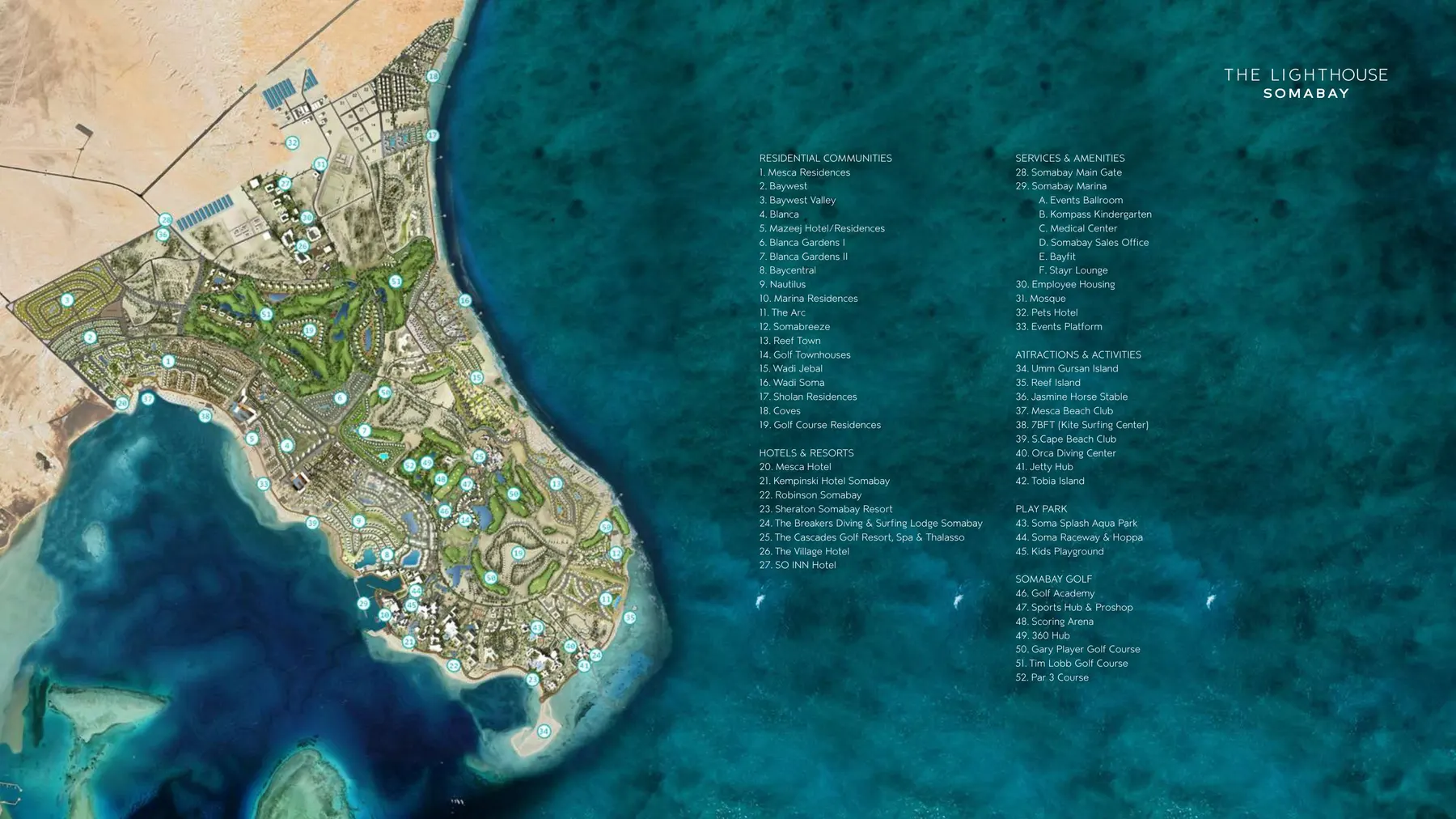 Official 2025 Somabay masterplan with numbered residential communities, hotels, services, golf courses, marina and attractions