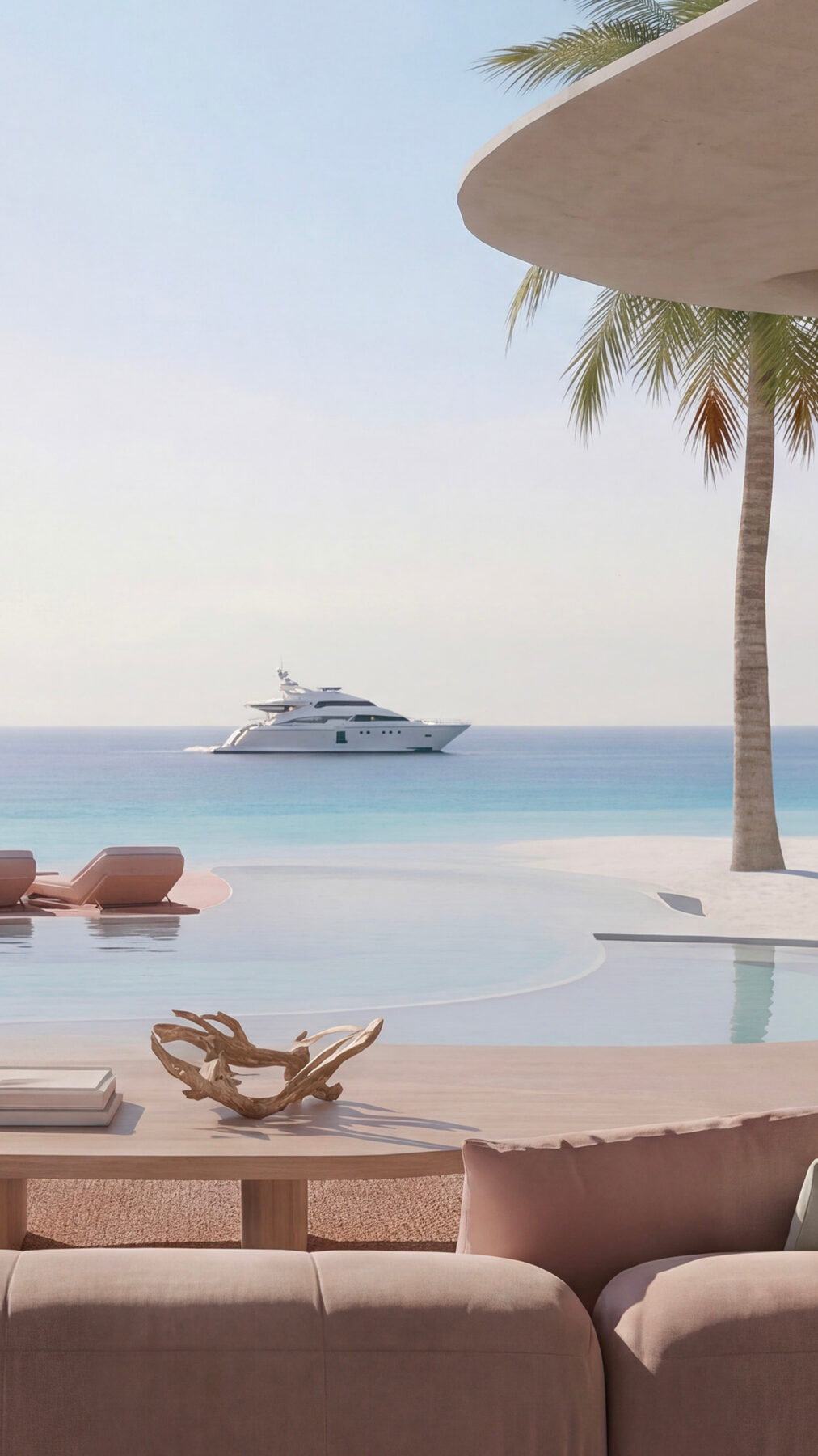 Beachfront terrace with palm tree and yacht view