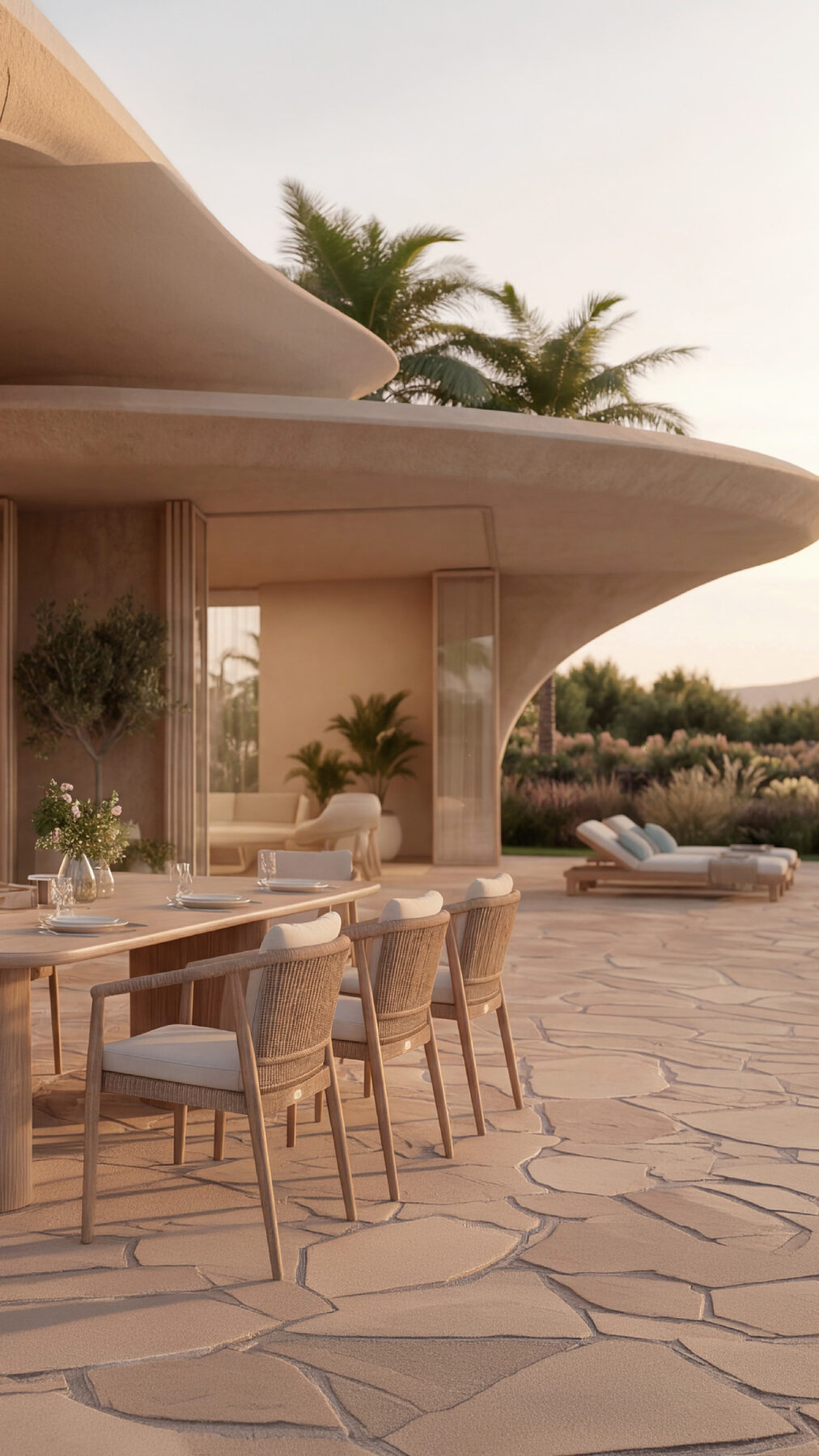 Outdoor dining terrace overlooking the pool and garden