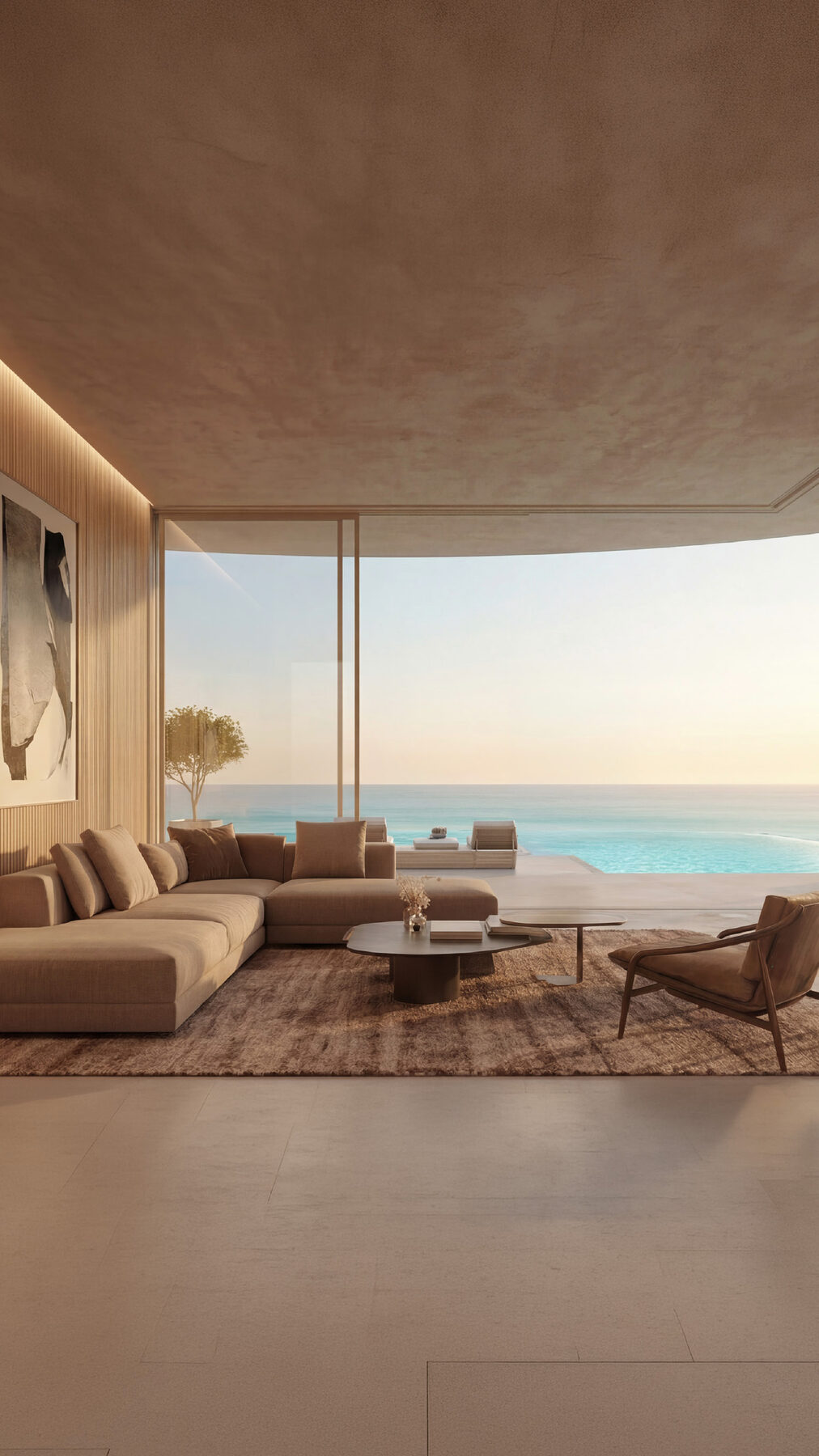 Lounge interior with pool and sea view
