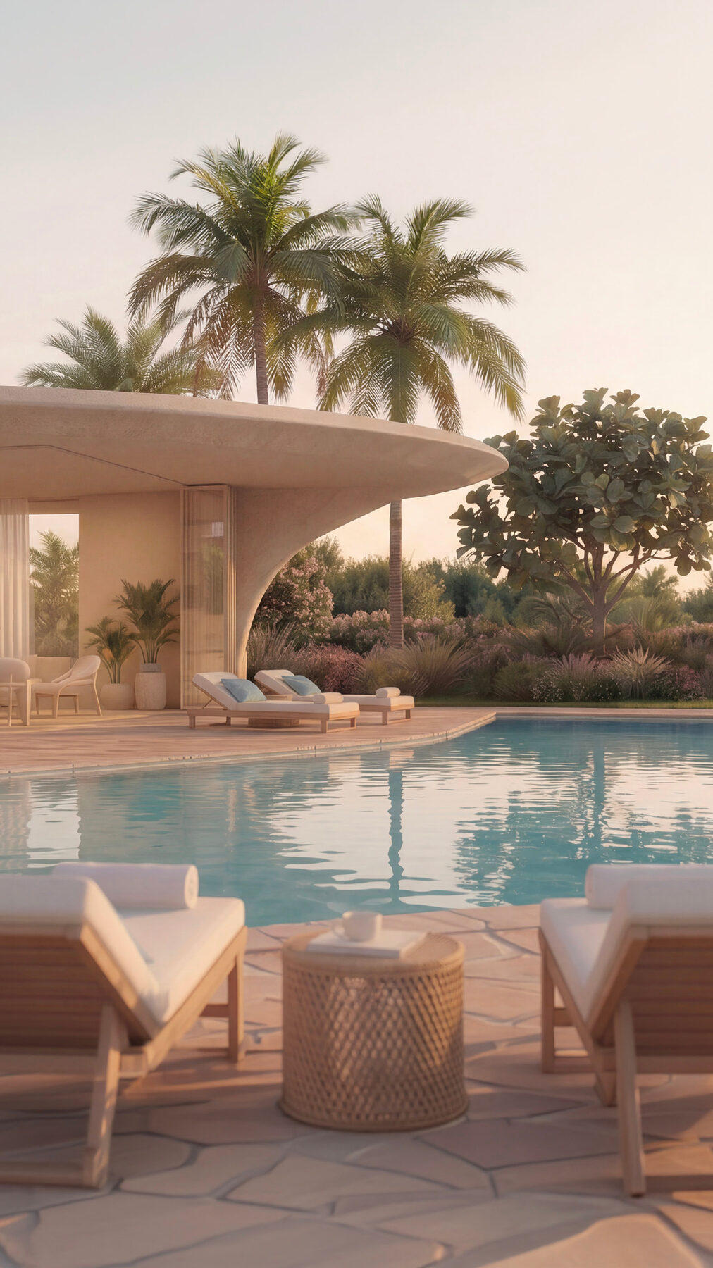Poolside villa terrace at Hacienda Ras El Hekma, palm trees and evening light