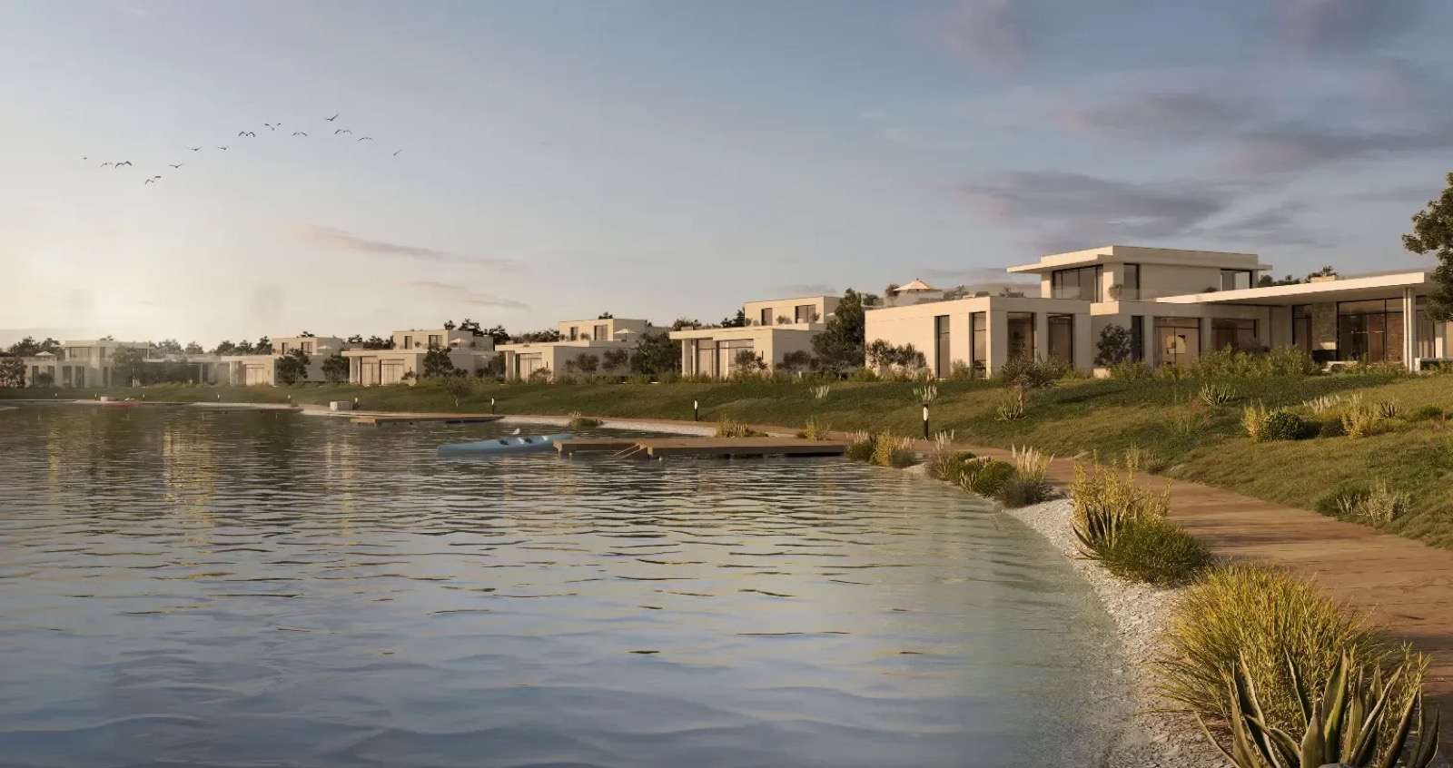 Hills of One, Sphinx City — developer render of the lakefront villas at dusk