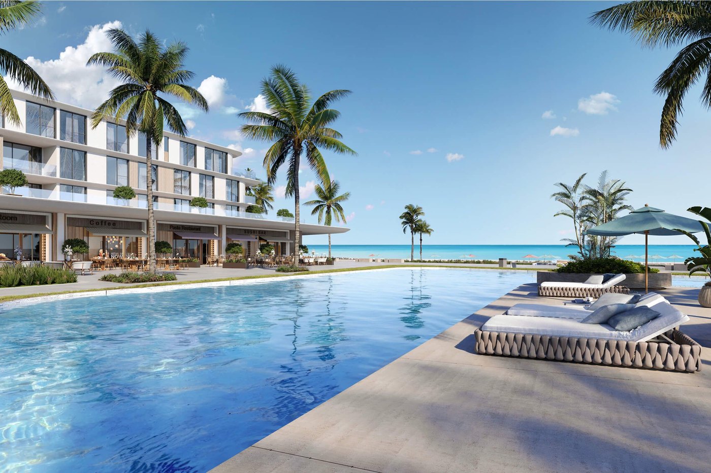 June, beachfront pool terrace