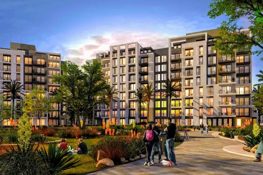 ZED East, residential towers above the landscaped plaza