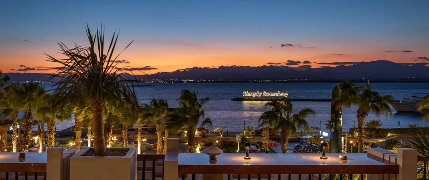 Somabay Marina and Red Sea mountains at sunset